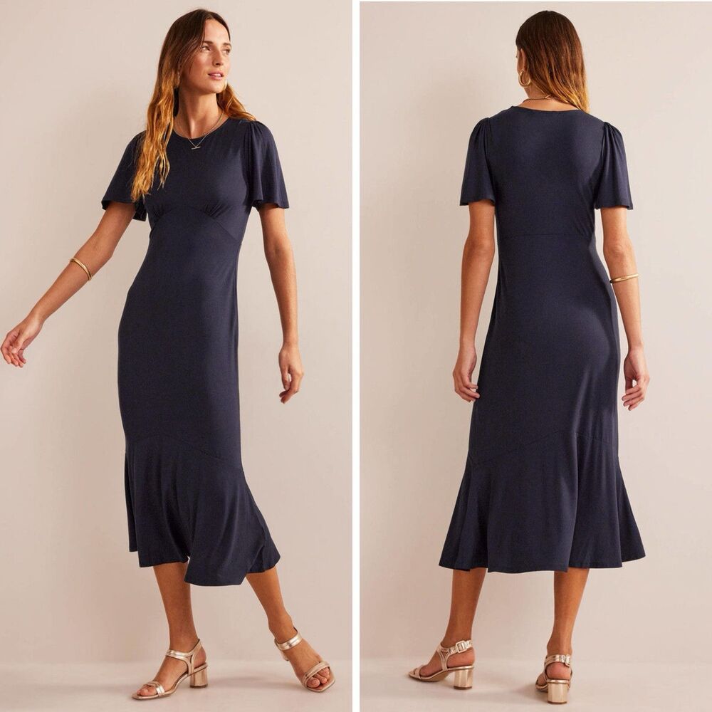 Boden Navy Midi Dress with Flutter Sleeves